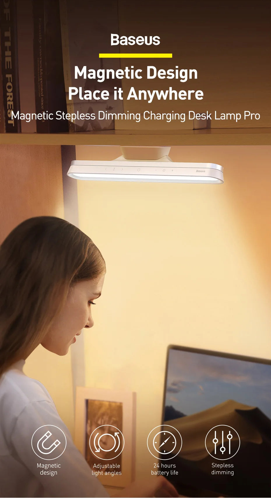 Baseus Desk Light Magnetic Hanging Table Lamp Rechargeable LED Stepless Dimming Desk Lamp Read Study Work Eye Protection Light
