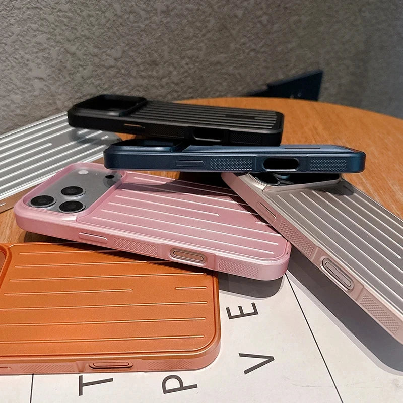 Luxury Striped Luggage Texture Phone Case For IPhone 18 17 16 15 14 13 Pro Max Shockproof Titanium Glossy Color Bussiness Cover