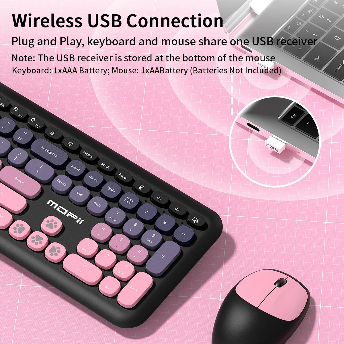 MOFii Wireless Keyboard & Mouse Combo, Cute Macaron Cat Paw Round Keycaps Silent Office Set for Laptops and Desktops