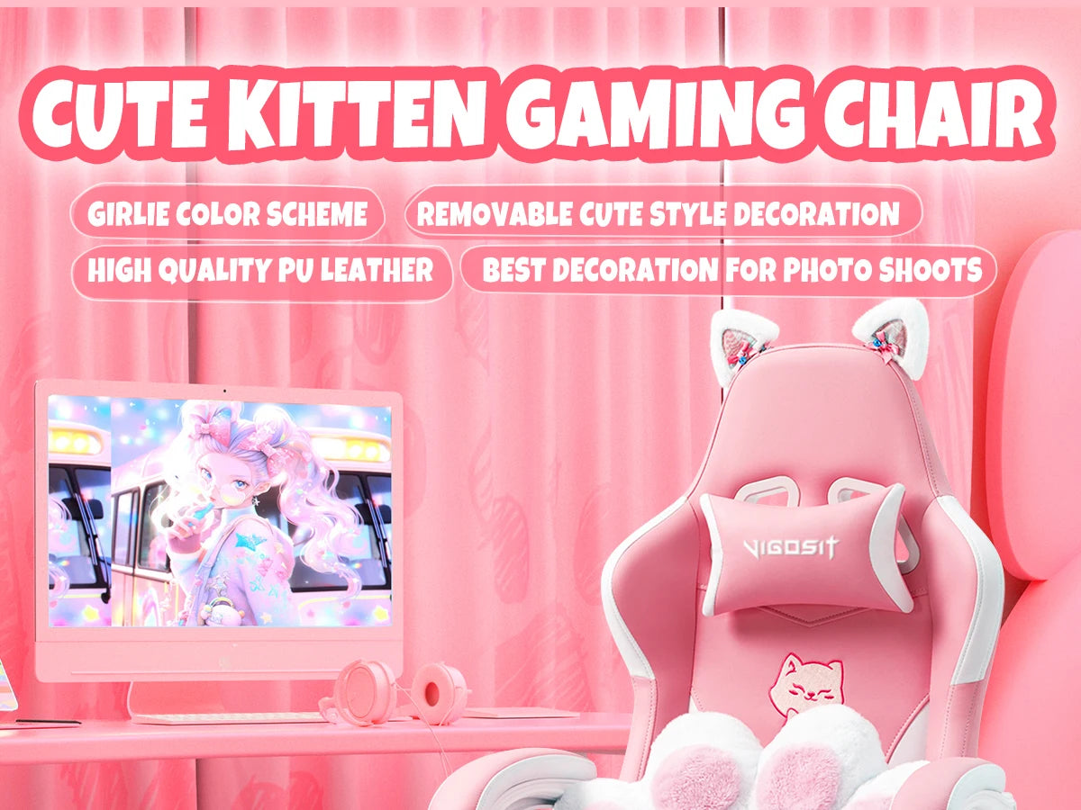 Vigosit Gaming Chair Cute Ears and Kawaii Pillow Ergonomic Computer Game Chair for Girls with Lumbar Support