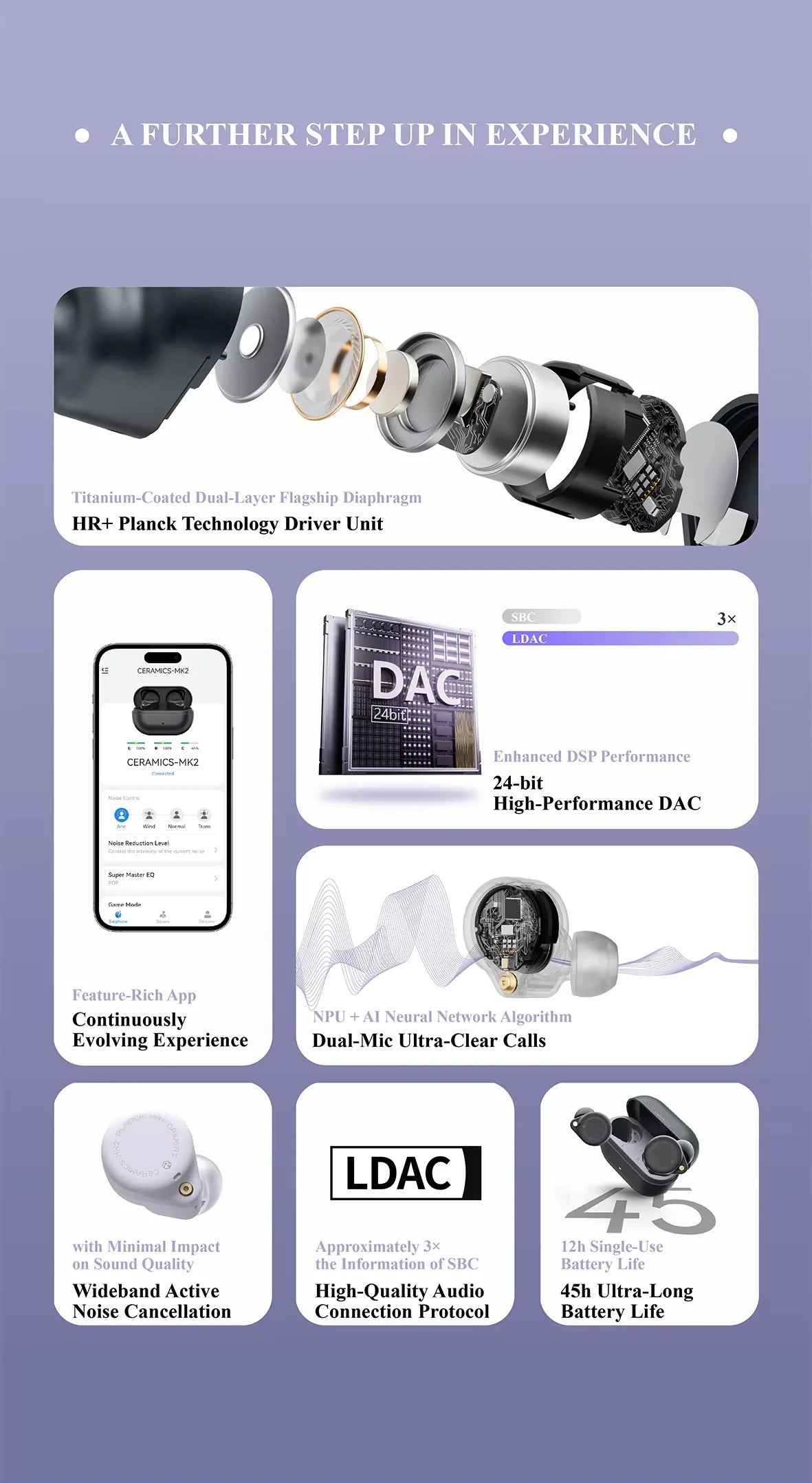 CERAMICS MK2 Wireless Earbuds with 40dB ANC, Hi-Res LDAC and 45H Playtime
