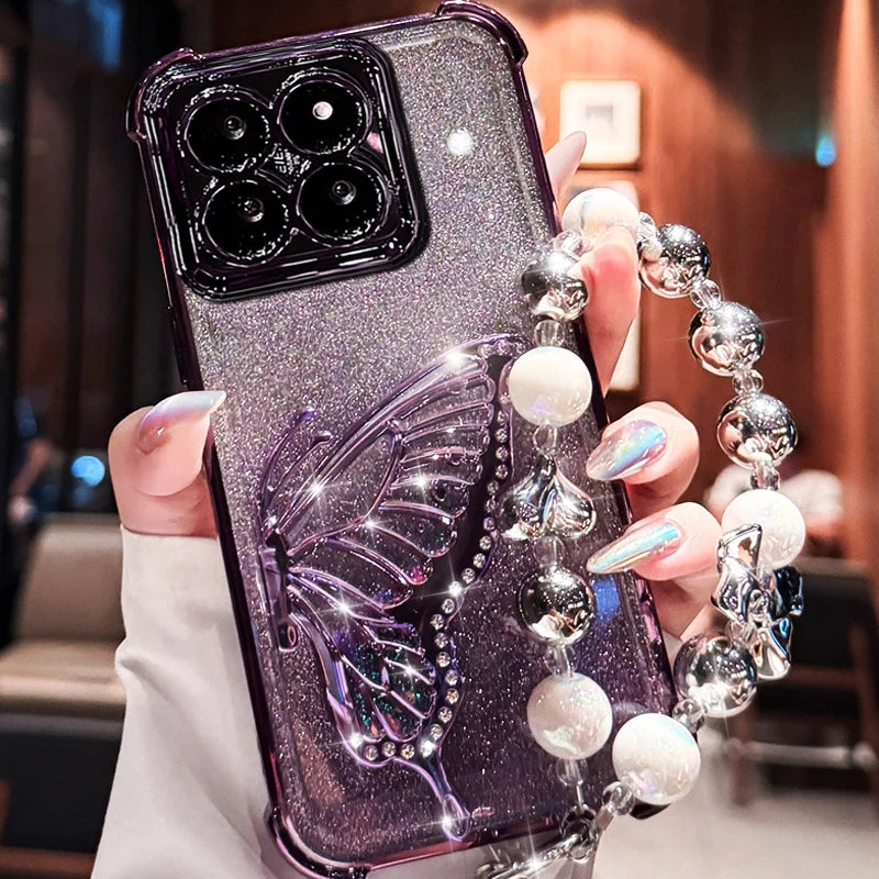 Shockproof Plating Glitter Butterfly Bracket Bracelet Case for iPhone 17 Air 16 15 14 13 12 11 17 Pro Max 16 Plus 16E Soft Cover