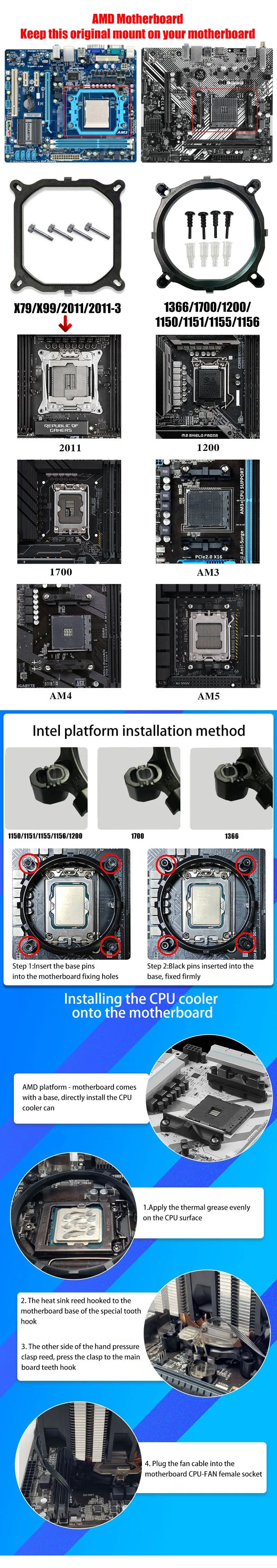 CPU Air Cooler X79 X99 3Pin/4Pin PWM Processor Cooling Fan For Intel LGA 1366 1151 1155 1200 1700 2011 AMD AM3 AM4 AM5
