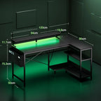 Coleshome Gaming Desk with Led, 120X80Cm Corner Desk with Reversible Shelves, L-Shaped Gaming Table with Power Outlets and USB Gaming Table with Monitor Stand Home Office, Black