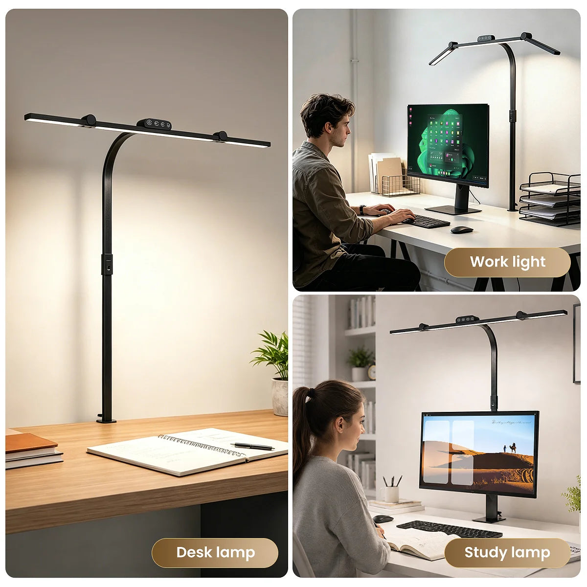 3 Head LED Desk Lamp with Clamp, Flexible 360° Adjustable Stand & Foldable Light, Stepless Dimming Reading Lamp for Home Office