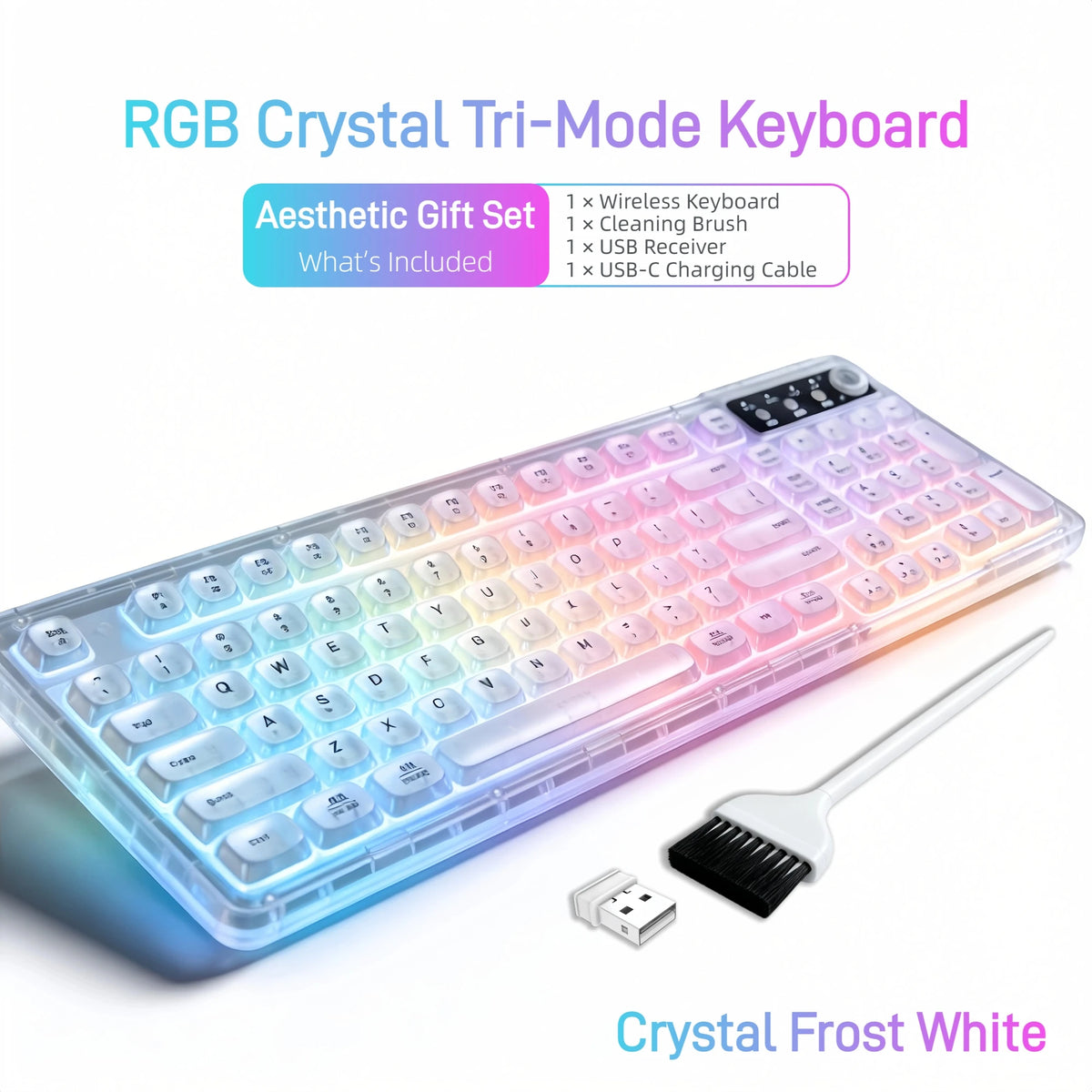 Transparent Wireless Gaming Keyboard, Tri‑Mode 2.4G/BT/USB‑C, 99‑Key 1800 Compact Layout, RGB Clear PC Keycaps, Mechanical‑Like Typing Feel for Office & Desk Setup