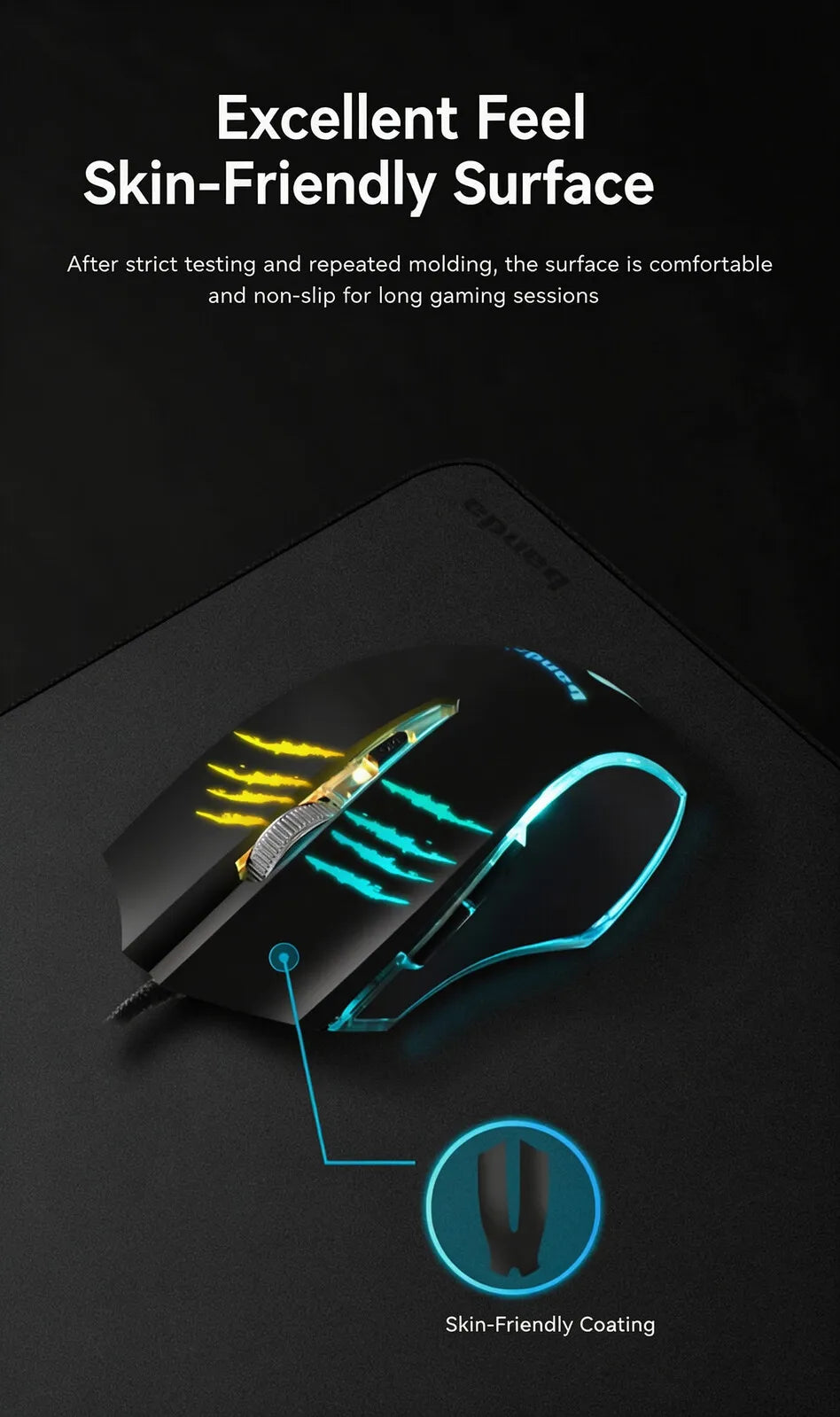 Wired Gaming Mouse RGB Breathing Light 3 Level Adjustable DPI Ergonomic Symmetric Design Skin Friendly Surface Computer Mice