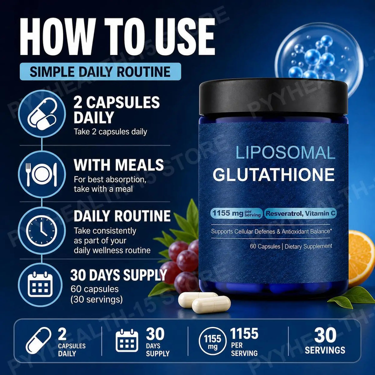 Liposomal Glutathione Capsules with Resveratrol and Vitamin C for Antioxidant Balance and Cellular Defense Support, 60 Capsules