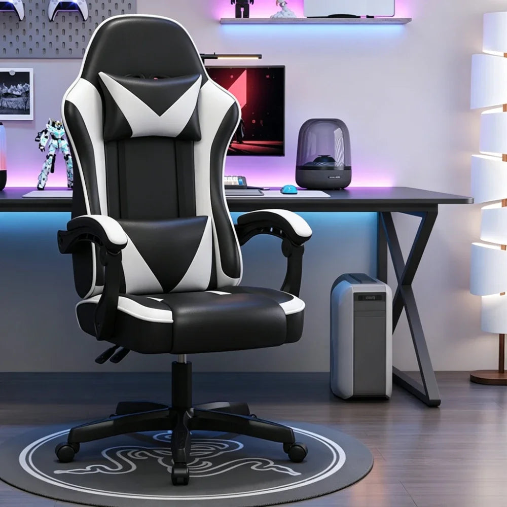 Ergonomic Racing Gaming Chair Adjustable Swivel PU Leather with Headrest and Lumbar Support for Office Computer Living Room