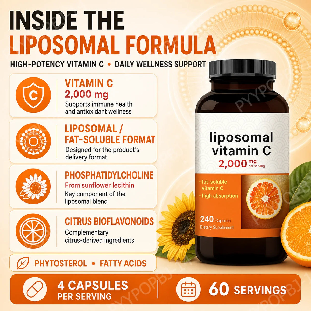 Liposomal Vitamin C 2000mg High Absorption Fat-Soluble 240 Capsules 60 Servings Non-GMO Gluten Free