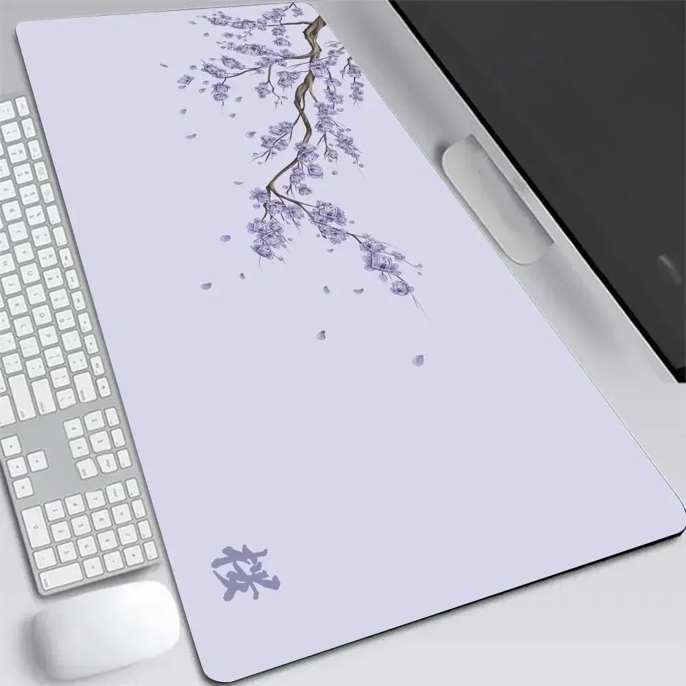 Alfombrilla de ratón XXL japonesa de flor de cerezo, gris, para laptops, escritorio de juego, sakura, anime, alfombra de oficina, gamer, teclados, computadoras y escritorios