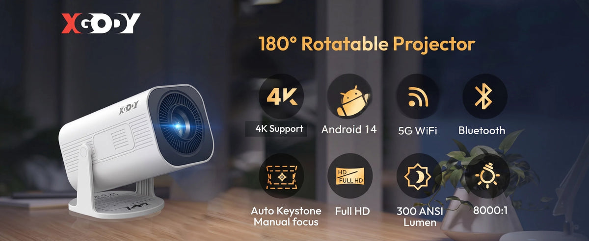 Xgody Gimbal 3 Pro Projector 4K Wifi6 Android Mini Beamer 300 Ansi Dual Wifi Bt5.4 1280*720P Home Theater Outdoor Portable