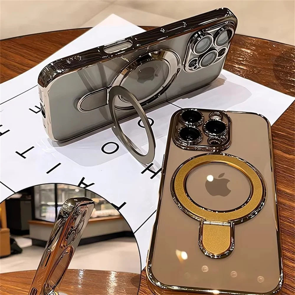 Luxury For Magsafe Bracket Case For iPhone 16 17 18 15 14 13 12 Pro Max 16 Plus Magnetic Ring Stand Holder Clear Acrylic Cover