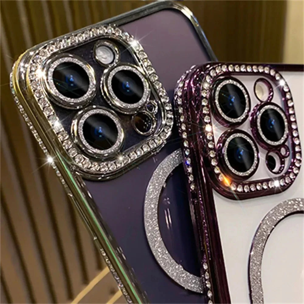 New Fashion Glitter Diamond Transparent Case For iPhone 16 15 14 13 17 12 18 Pro Max Plus Magnetic Wireless Charge Bumper Cover