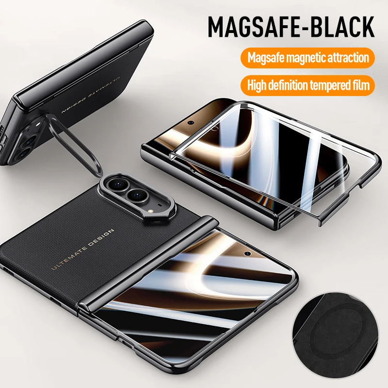 For iPhone Duo Case Electroplated Matte Leather Folding Hinge With Tempered Film Lens Bracket Shockproof Back Cover Accessories