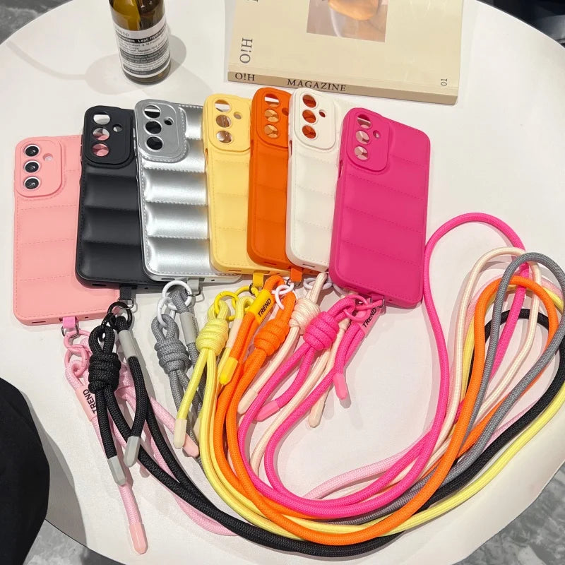 Fashion Down Jacket Lanyard Crossbody Case For Samsung Galaxy A56 A36 A26 A16 A55 A35 A54 A53 A52 A34 A33 Long Strap Soft Cover