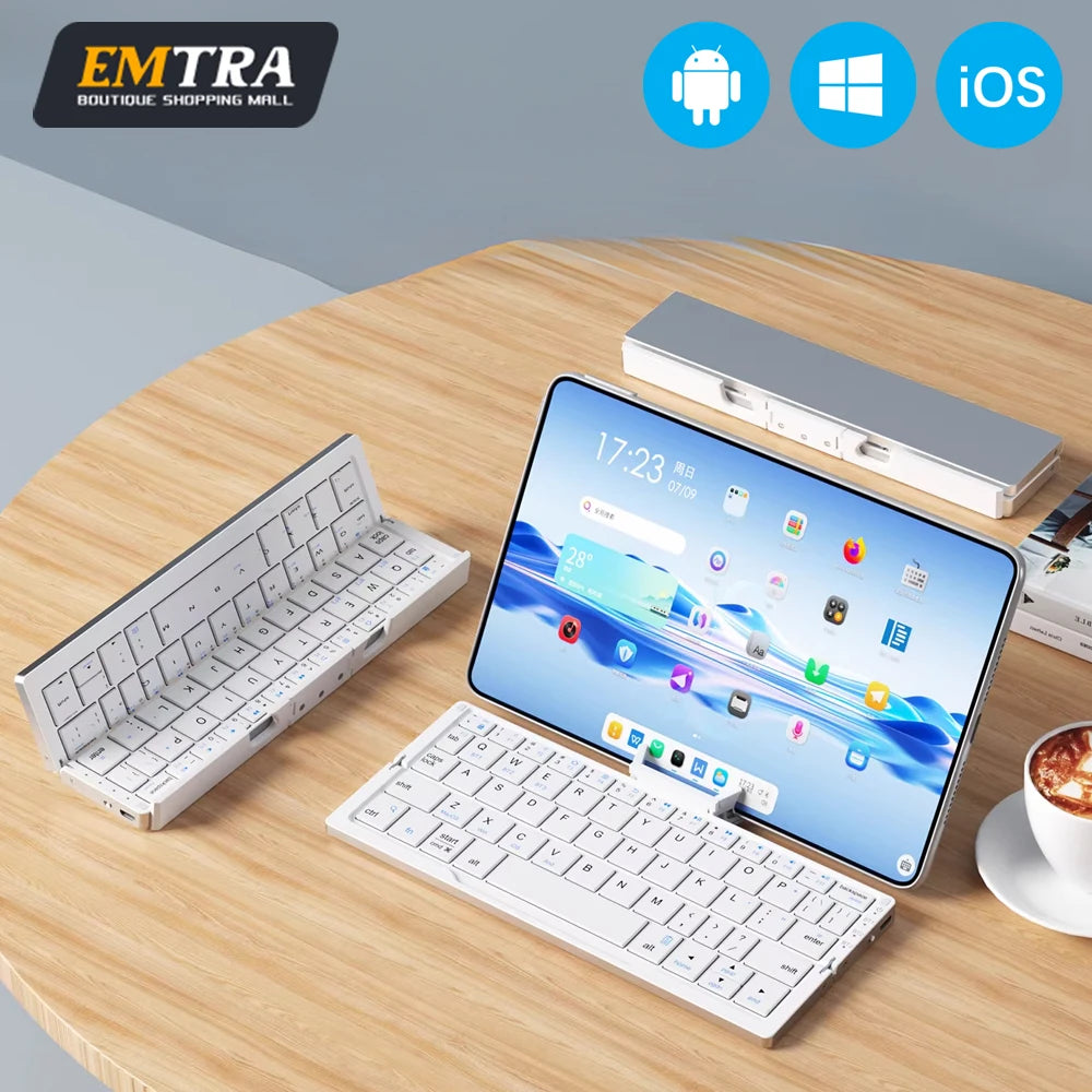 Neue Mini faltbare Bluetooth-Tastatur, kabellose Tastatur, unterstützt 3 Geräte mit Ständer, wiederaufladbar für Telefon, Tablet, portugiesische Tastatur