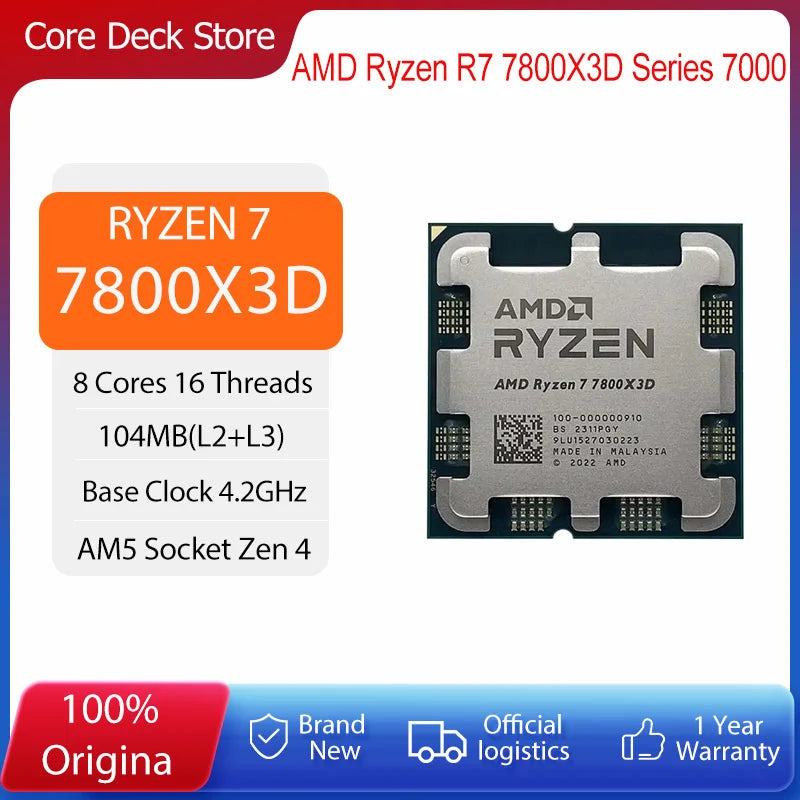 AMD Ryzen processor 7 7800X3D 8 cores 16 thorns R7 7800X3D CPU 4,2 GHz 5 nm 96 Mo 120 zenw DDR5 MHz MHz supply am5cpu game without fan