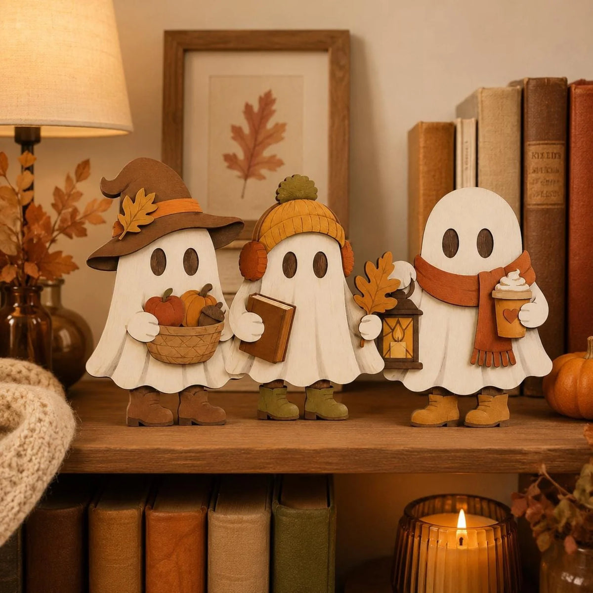 Wooden Autumn Three-Piece Decorative Ornaments, Cute Autumn Shelf Decorations, Suitable for Halloween, Christmas, Thanksgiving Table Decorations, Office Desk, Living Room, Dining Room Decorations, Home Decor, Party Decoration