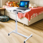 Mobile Laptop Desk with Wheels Height Adjustable Overbed Table, 180 Tiltable Bedside Computer Stand with Safety Edge Stopper, Carbon Steel Rolling Notebook Tray for Home Office Sofa Bed, White Bedroom Furniture