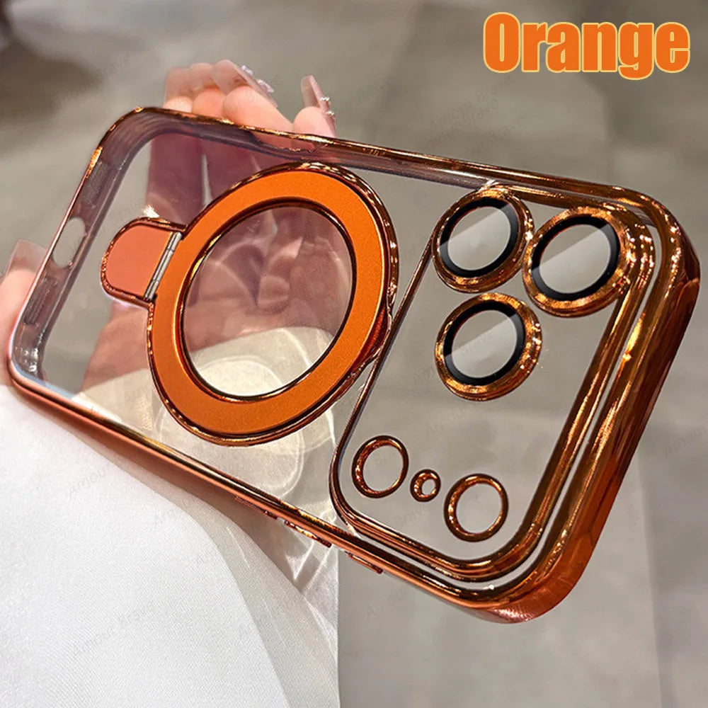 Luxury For Magsafe Bracket Case For iPhone 16 17 18 15 14 13 12 Pro Max 16 Plus Magnetic Ring Stand Holder Clear Acrylic Cover