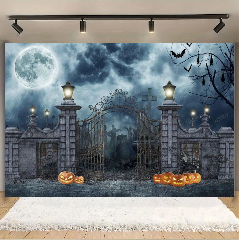 Horror Halloween Photography Background Moon Night Castle Forest Pumpkin Lantern Skeleton Family Party Photo Backdrop Decoration