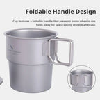Pure Titanium Camping Cup with Lid Foldable Handle Lightweight Single Wall Mug Open Fire Coffee Tea Cup for Hiking Backpacking