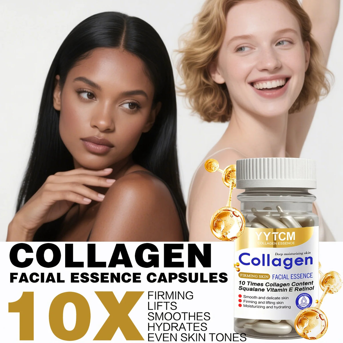 Collagen Firming Capsule Essence, Moisturizing and Smoothing the Skin, Contains Plant-Based Squalane, Retinol, and Vitamin E Deep Hydration Essence (0.4Gx90 Capsules)/Bottle-1 Bottle