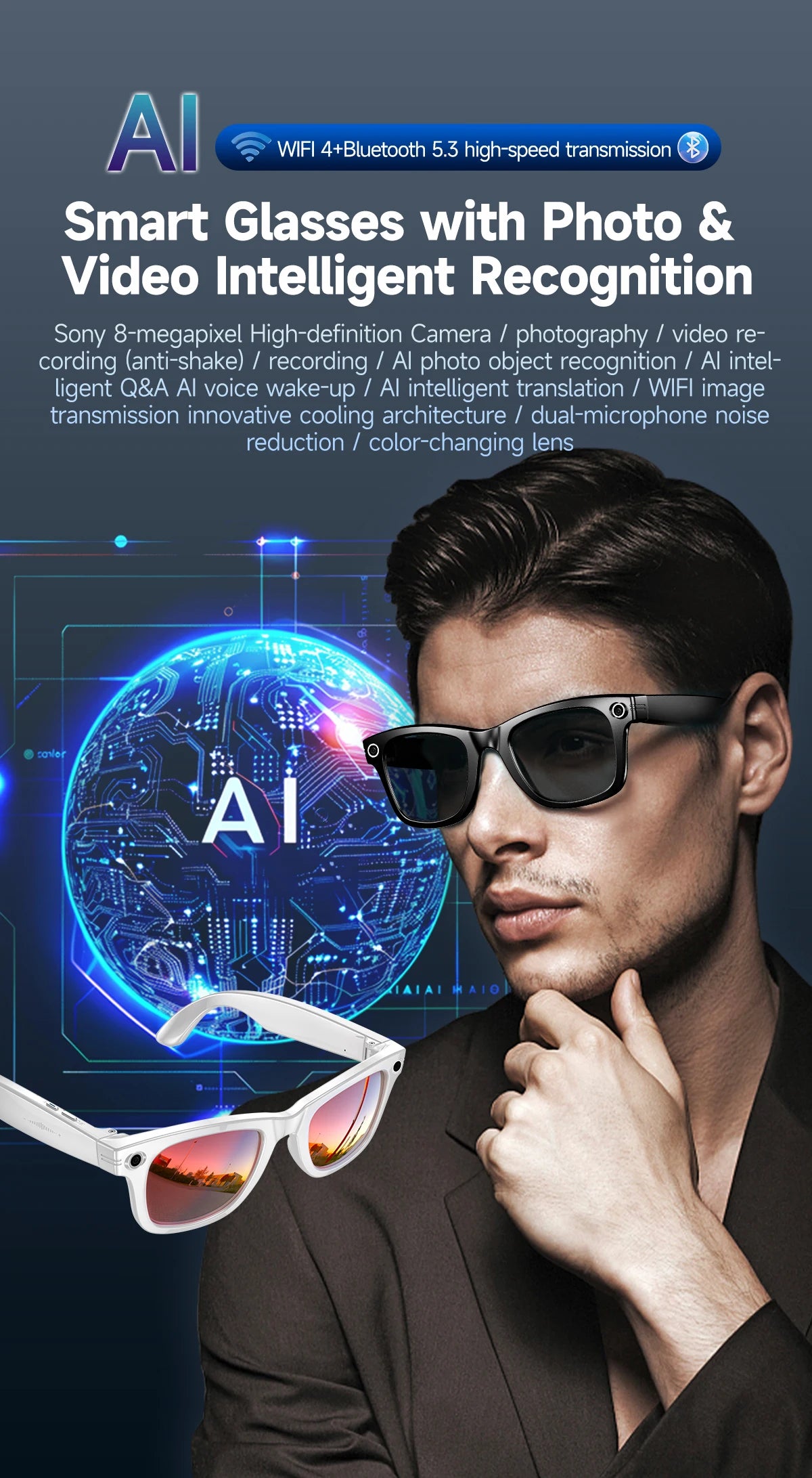 New 800W Camera AI Glasses Men Color-Changing Smart Translation Glasses Photo Video Recording Waterproof Call Smart Sunglasses