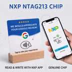 4-Pack Acrylic NFC Google Review Cards with Four Wooden Bases Included for Interactive Feedback And Reviews