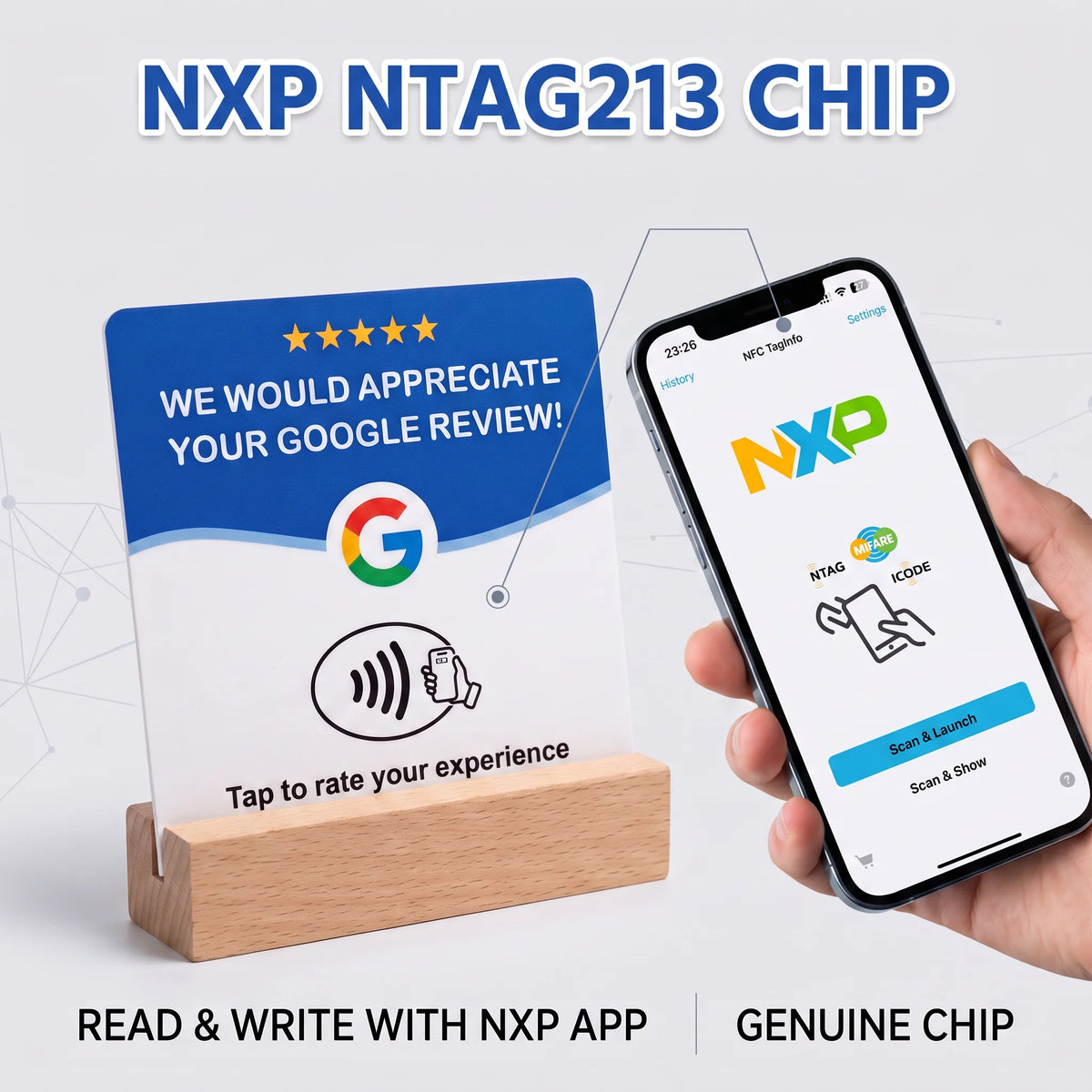 4-Pack Acrylic NFC Google Review Cards with Four Wooden Bases Included for Interactive Feedback And Reviews