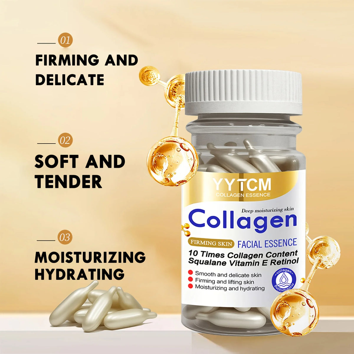 Collagen Firming Capsule Essence, Moisturizing and Smoothing the Skin, Contains Plant-Based Squalane, Retinol, and Vitamin E Deep Hydration Essence (0.4Gx90 Capsules)/Bottle-1 Bottle