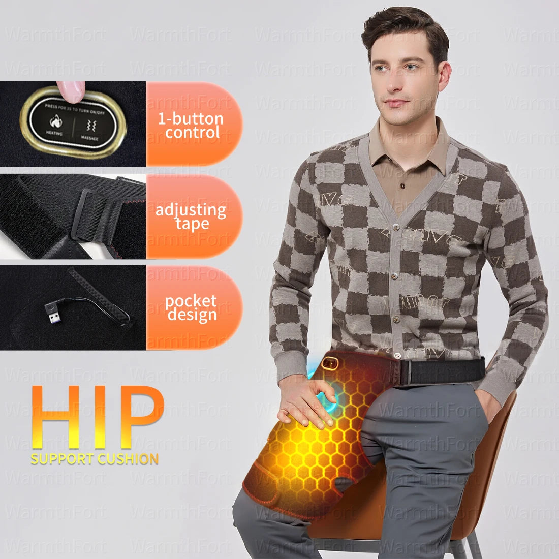 Cordless Heated Hip Support Brace with Massager Relief Lower Back Hip Heating  Massage Support Hips Muscle Relaxation