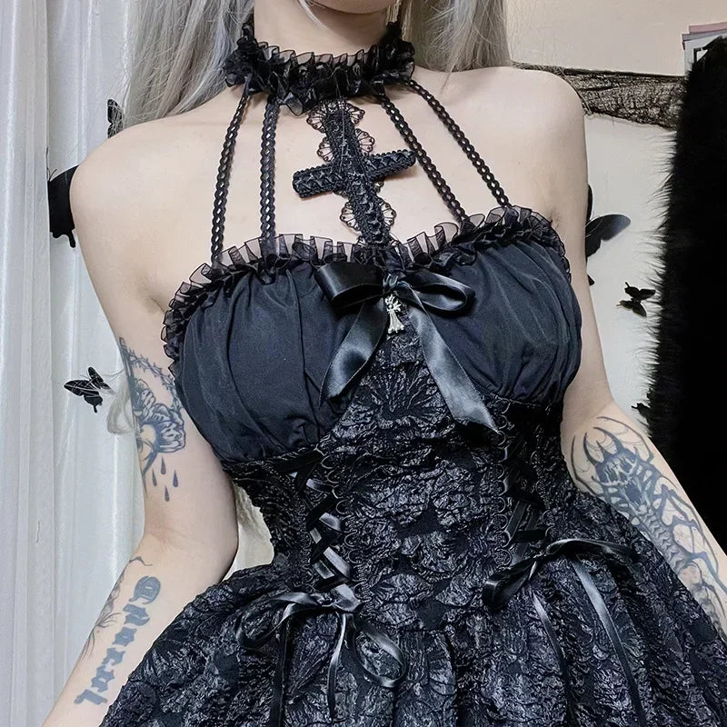 Mall Gothic Emo Jacquard A-line Dresses Goth dress Elegant Grunge Ruched Bandage Partywear Punk Black Women Halloween Club Dress