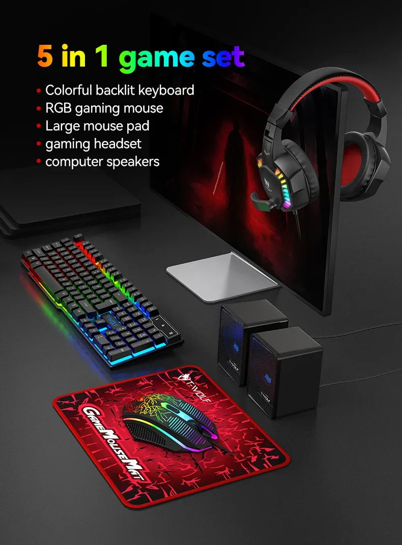 2026 NEW 5-in-1 Set Gaming Combo Keyboard 4-color Breathing Light Mouse 3.5mm Gaming Headset Gaming Speaker Anti-slip Mouse Pad