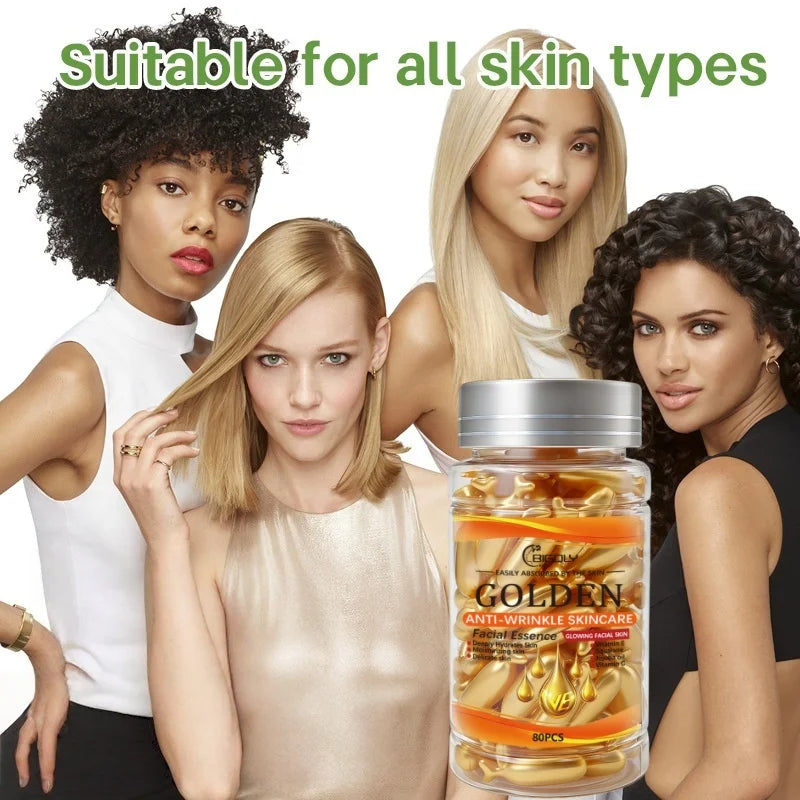 80 Capsules of Facial Anti-Wrinkle Serum, Rich in Vitamins C, E, and Squalane, Moisturizes and Nourishes the Skin, Making It Smooth and Delicate, Packaged in Capsule Form, Hygienic and Portable
