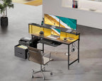 Coleshome gaming desk with LED, 140x48 cm, black, cloth drawers, 2 sockets and 2 USB ports, Home Office monitor stand