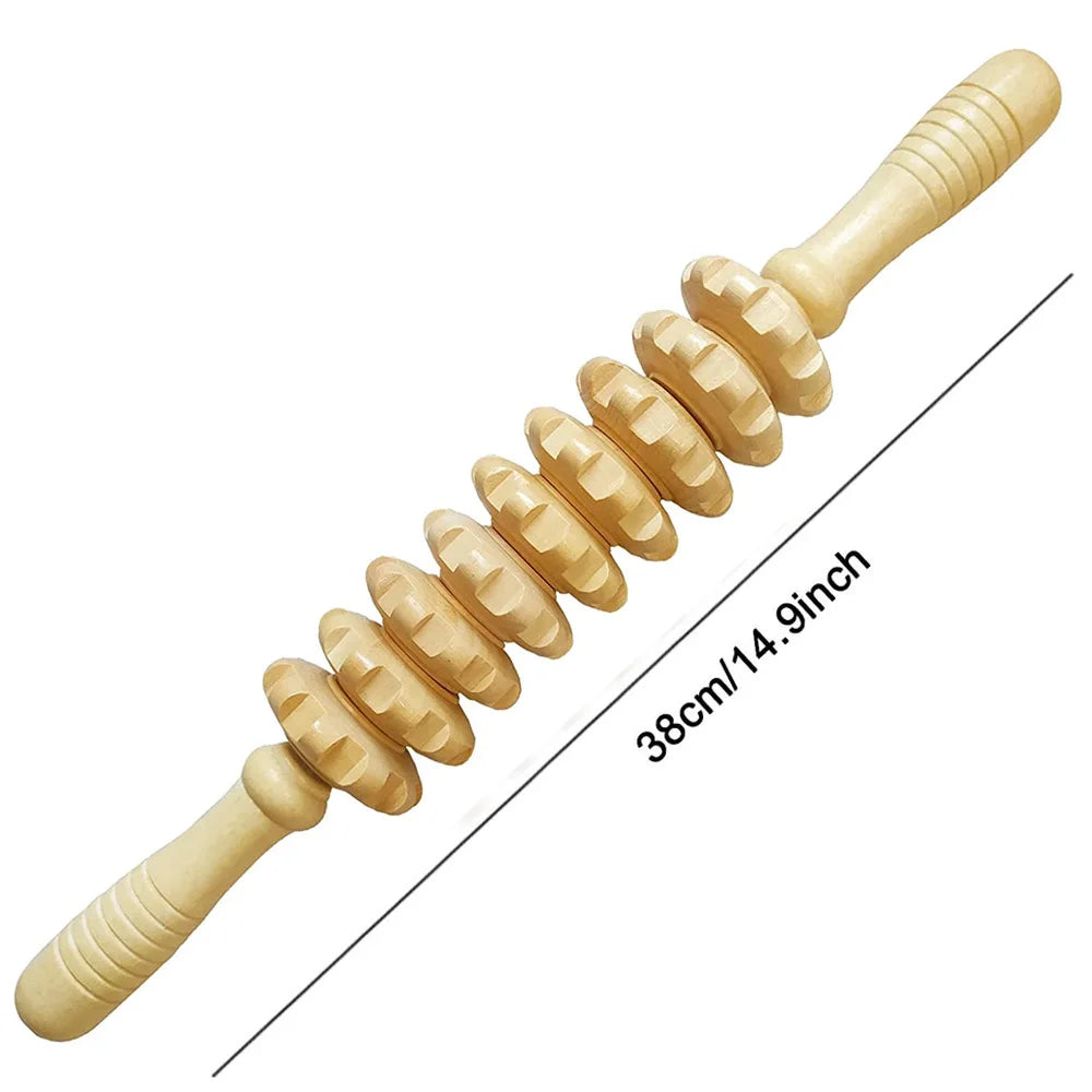 9 Rollers Wooden Massager Handheld Roller Stick Trigger Point Manual Massage Tools for Anti-cellulite, Body Muscle Pain Relief