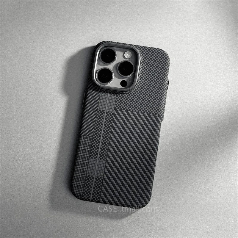 Relief Carbon Fiber Magnetic Case for iPhone 15 Pro Max 16 17 Pro Phone Cover Camera Metal Lens Protective Shell Hard PC Fundas
