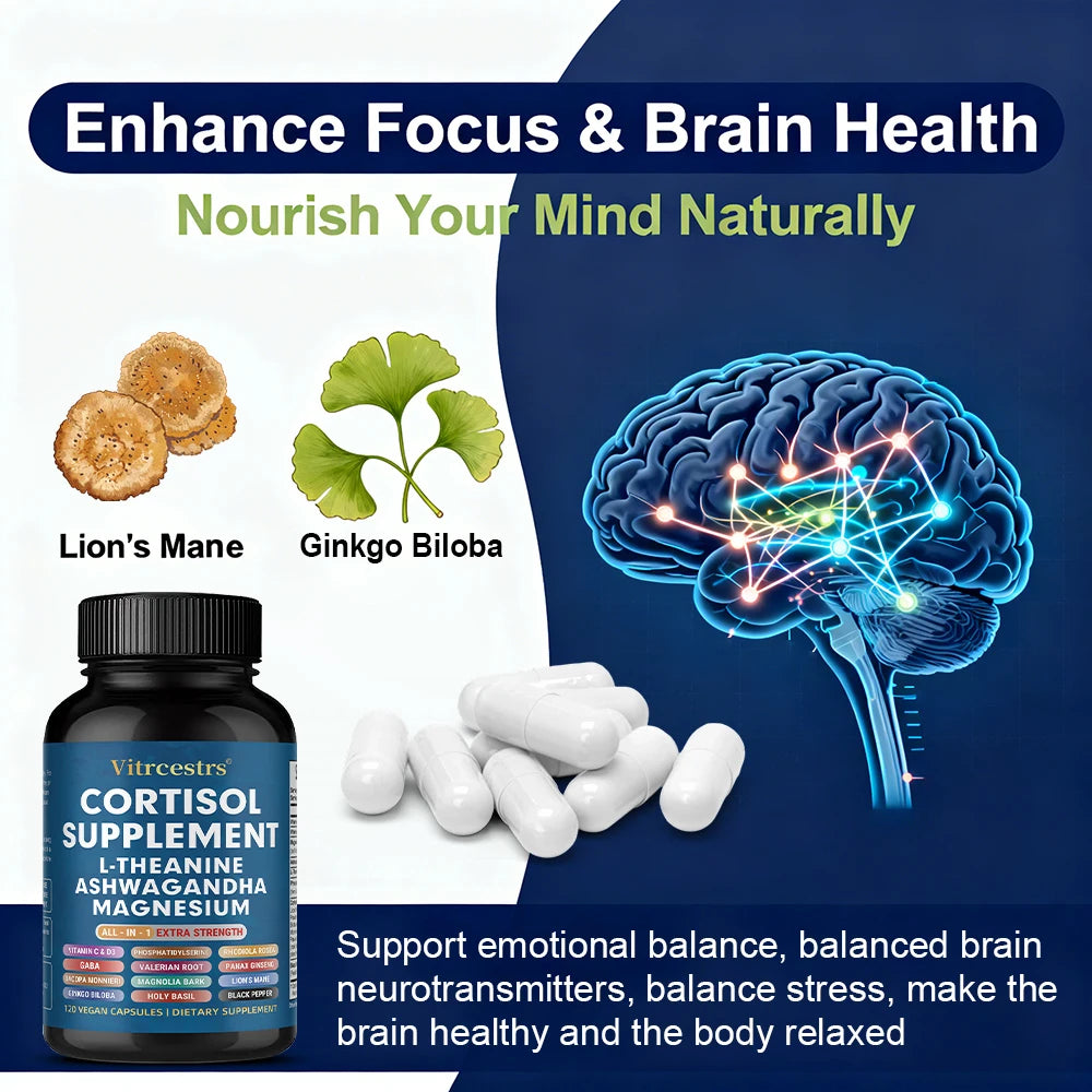 Cortisol Support Supplement - Magnesium, Supports Stress Relief, Calm Mood, Relaxation, Restful Sleep, Focus & Adrenal Health