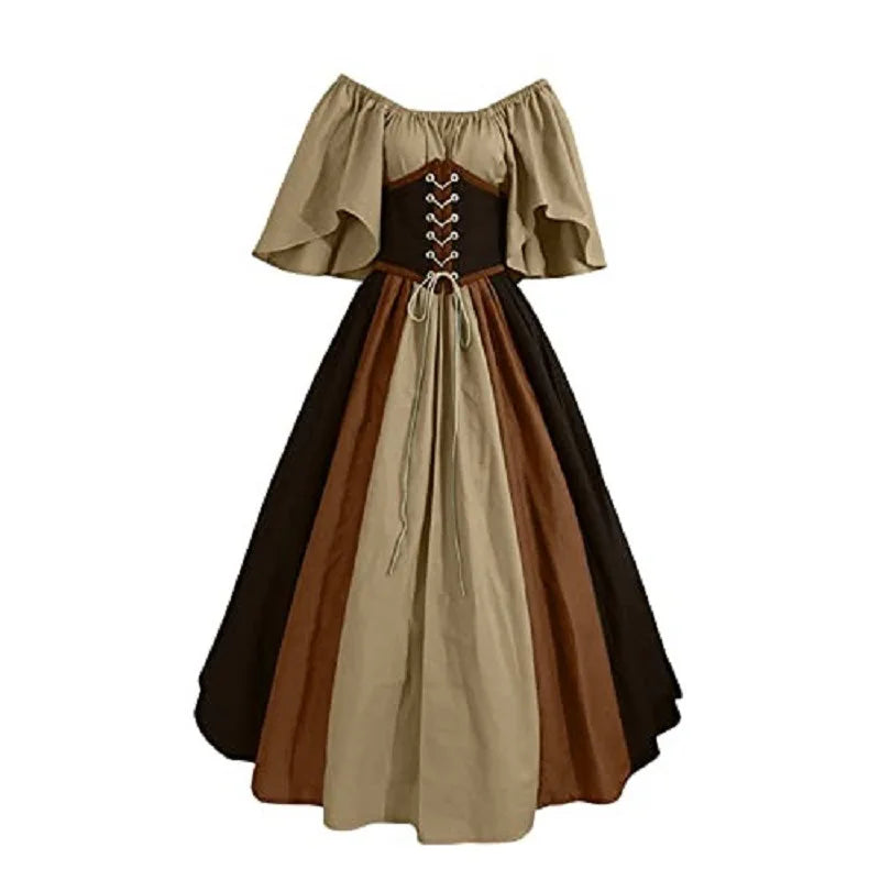 Women Patchwork Medieval Renaissance Dress Halloween Gothic off Shoulder Retro Long Dress