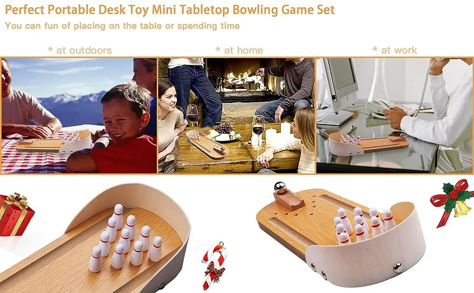 Table Top Mini Bowling Game Wooden Board Arcade Shooting Office Desk Stress Relief Finger Toys Fun Gifts for Men Women Kids
