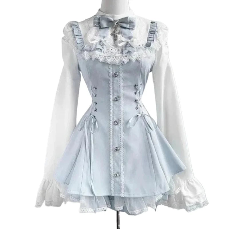 Y2k Aesthetic Lolita Style Bow Dress Shorts Set Japanese Women Gothic Lace Flare Sleeve Button Shirt Dress Punk Party Mini Dress