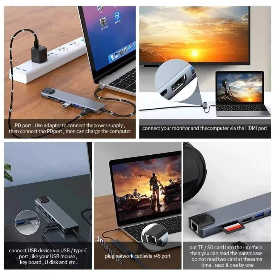 NEW USB C Hub 8In1 7In1 Type C Docking Station with USB3.0/2.0 HDMI SD/TF Card Reader PD Fast Charge for MacBook Notebook Laptop
