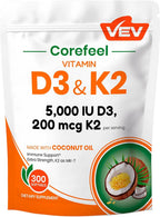 VEV Corefeel Vitamin D3 K2 5,000 IU, 100 mcg MK-7, 300 Coconut Oil Softgels| 2-in-1 Vitamin D & K Supplement, Easy to Swallow