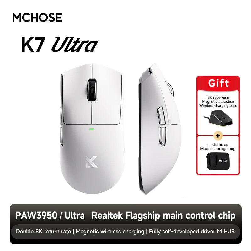 MCHOSE K7 Ultra Wireless PAW3950 Gaming Mouse Dual 8K Polling Rate Magnetic Wireless Charging Stand Office Mouse Lightweight 59g