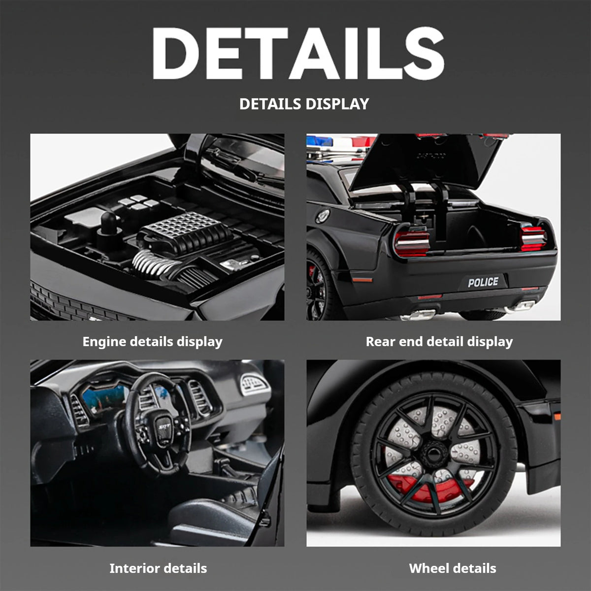 1:24 Challenger SRT Hellcat Police Car Alloy Sports Car Model Metal Racing Car Vehicle Model Sound Light Toy Gift