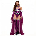 Womens Halloween Costume Shiny Metallic Purple Bodysuit Set Halter Jumpsuit With Long Chiffon Cape Halloween Party Fancy Costume