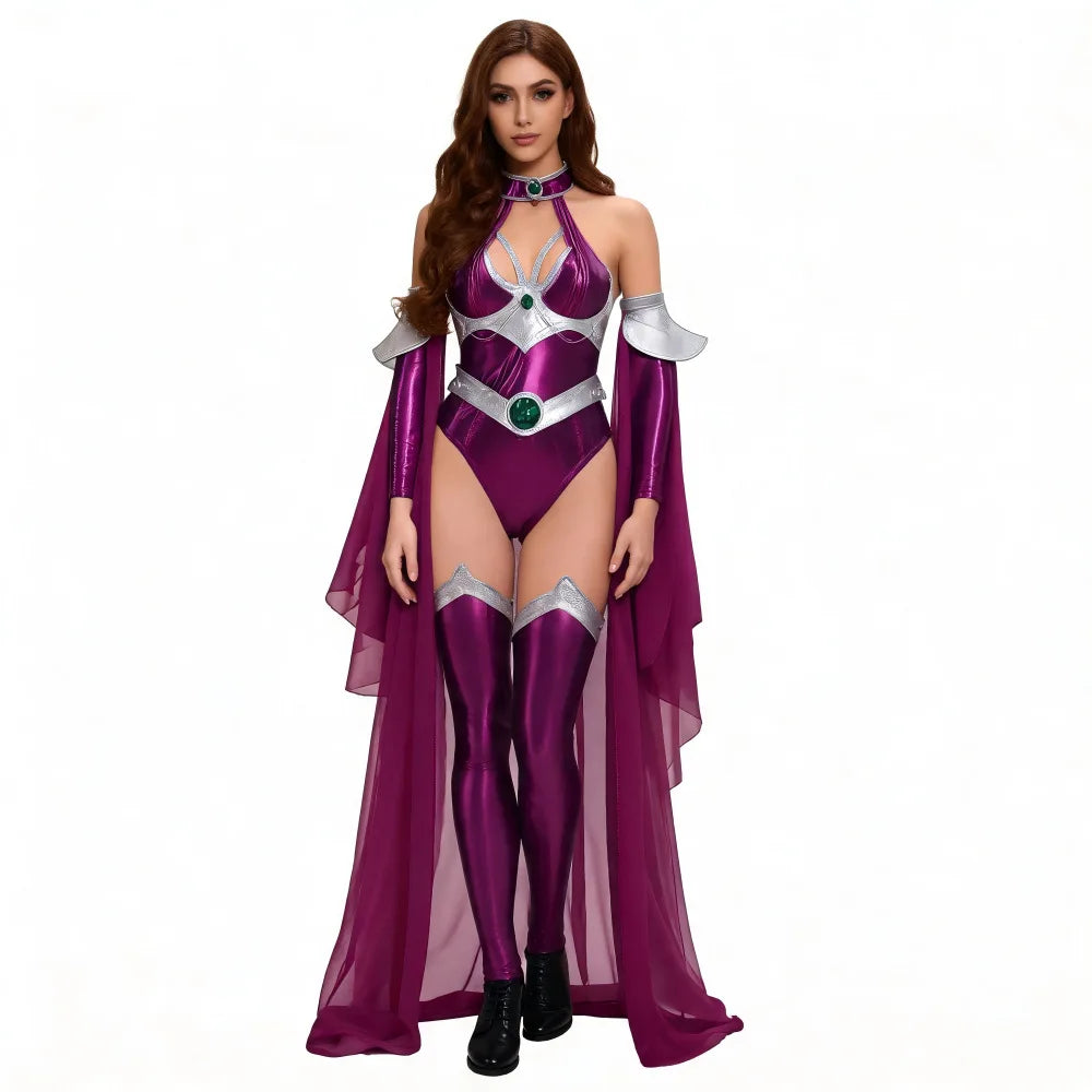 Womens Halloween Costume Shiny Metallic Purple Bodysuit Set Halter Jumpsuit With Long Chiffon Cape Halloween Party Fancy Costume