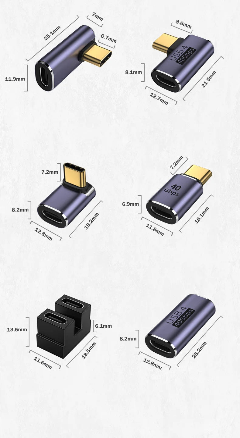 USB4.0 40Gbps OTG Type C 90 Degree Adapter 100W 5A USB C to Type C Fast Charging Converter USB C Data Adapter For Macbook 8K60HZ